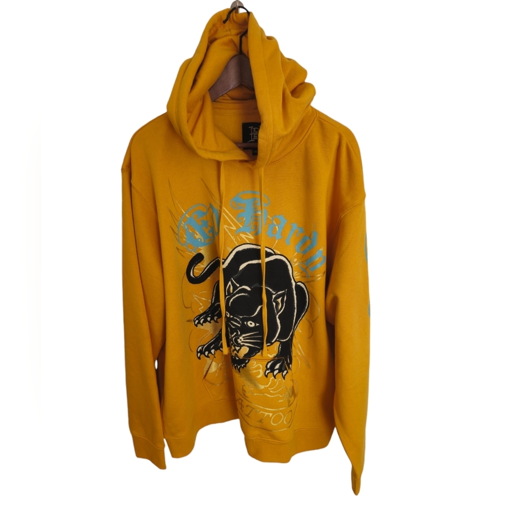NWT Ed Hardy Graphic Crouching Panther Long Sleeve Hoodie Marigold Yellow SZ S
